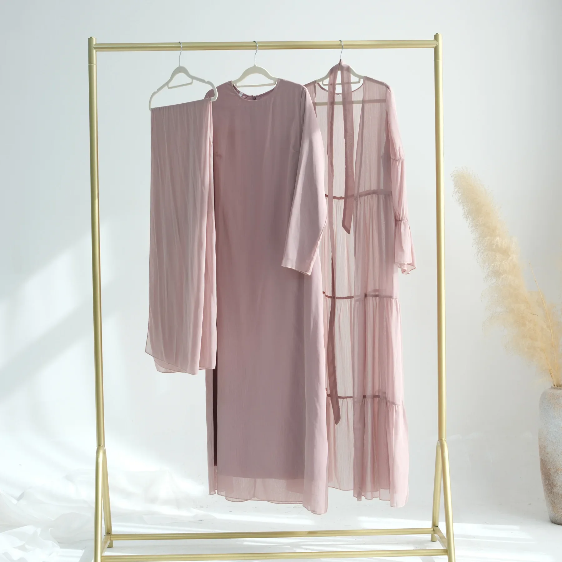 Ensemble deux pièces en mousseline de soie pour femmes musulmanes, élégant, froissé, dubaï, turquie, ample, ouvert, Cardigan et Robe Abaya