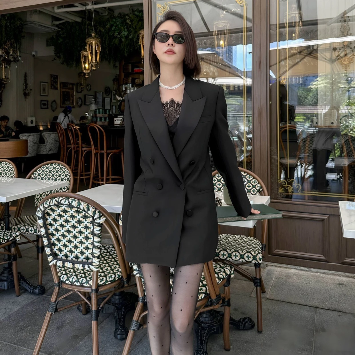 Office Lady Black Blazer Coat  Women 2024 Spring Satin Notched Collar Double Breasted Lazy Style Middle Long Women\'s Suit Jacket