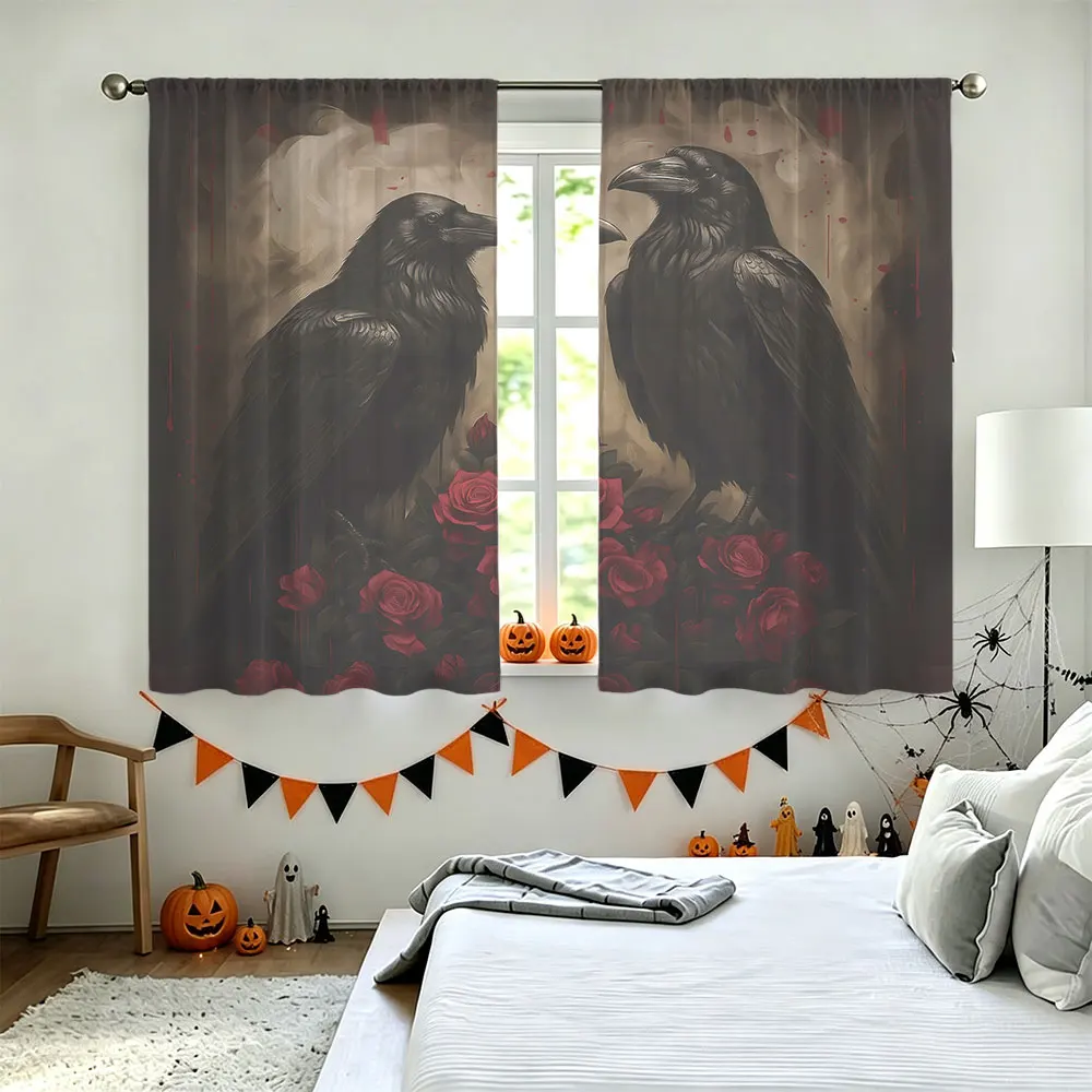 90G Rod Pocket Curtains 2 Panels, Double Raven Rose Vintage Print Drapes, Gothic Halloween Curtains for Bedroom Living Room