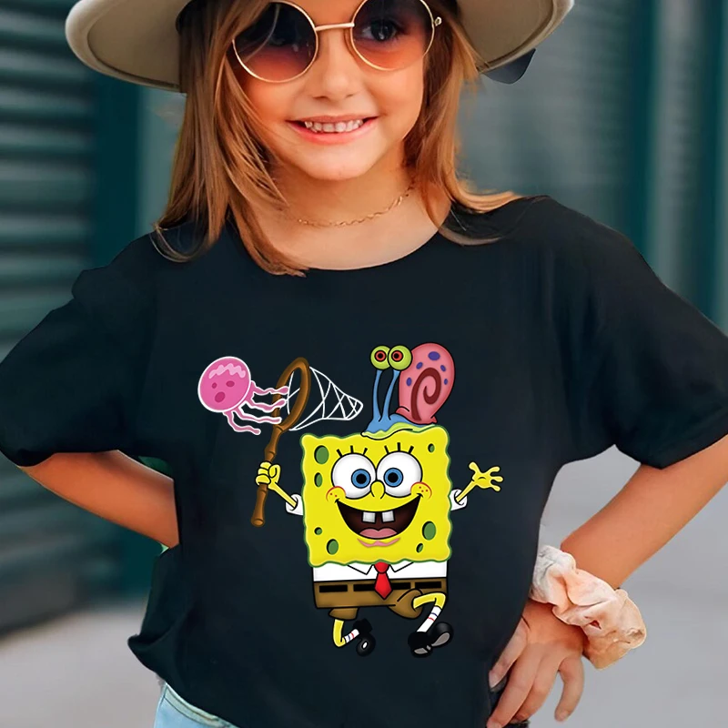 SpongeBob SquarePants kidsT-shirts, cotton short-sleeved black cartoon tops for boys and girls