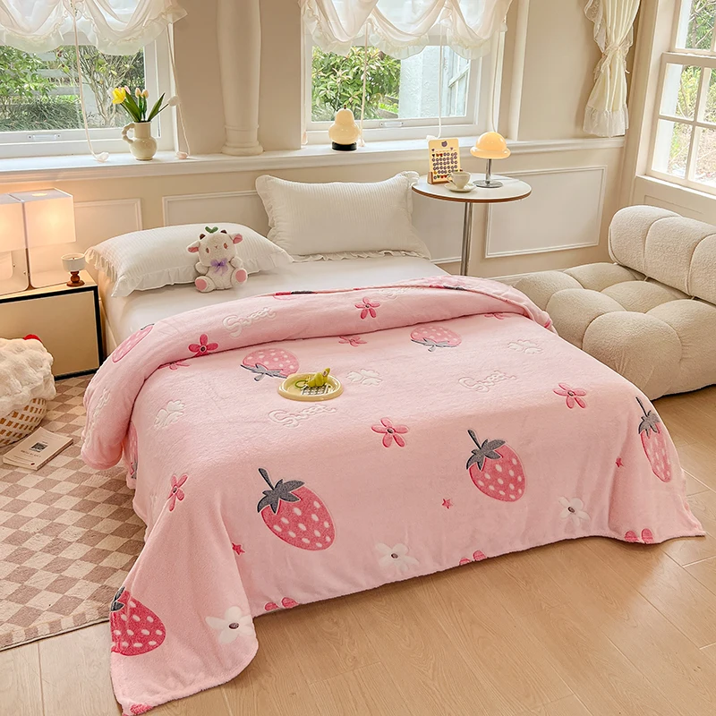 Manta polar de Coral rosa claro, ropa de cama con patrón de pastel, arcoíris y fresa para uso doméstico acogedor, 1 ud.