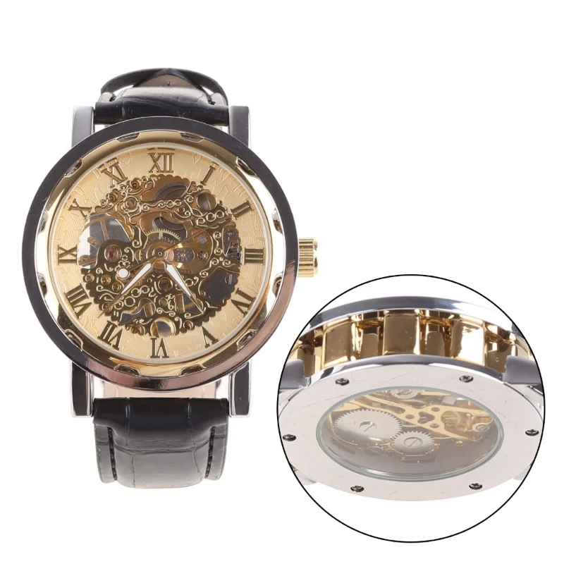 Classic Mens Mechanical Watch Black Leather Gold Dial Skeleton Army Sport Wristwatch Cool Relogio