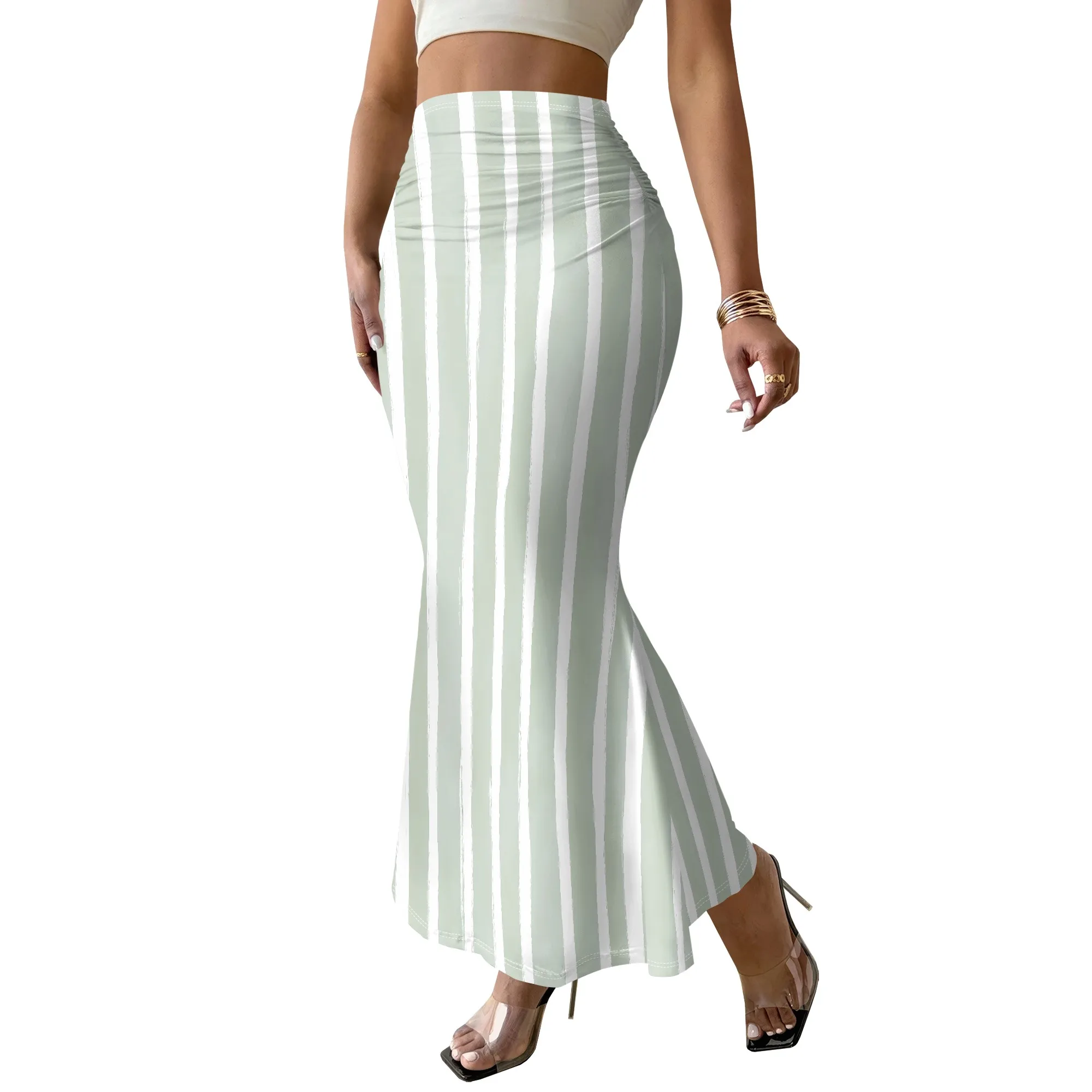Striped Mermaid Skirt, High Waist Printed Midi Skirt, Ruched Bodycon Skirt, Vertical Stripes, Summer Beach Party Wear, S-3XL