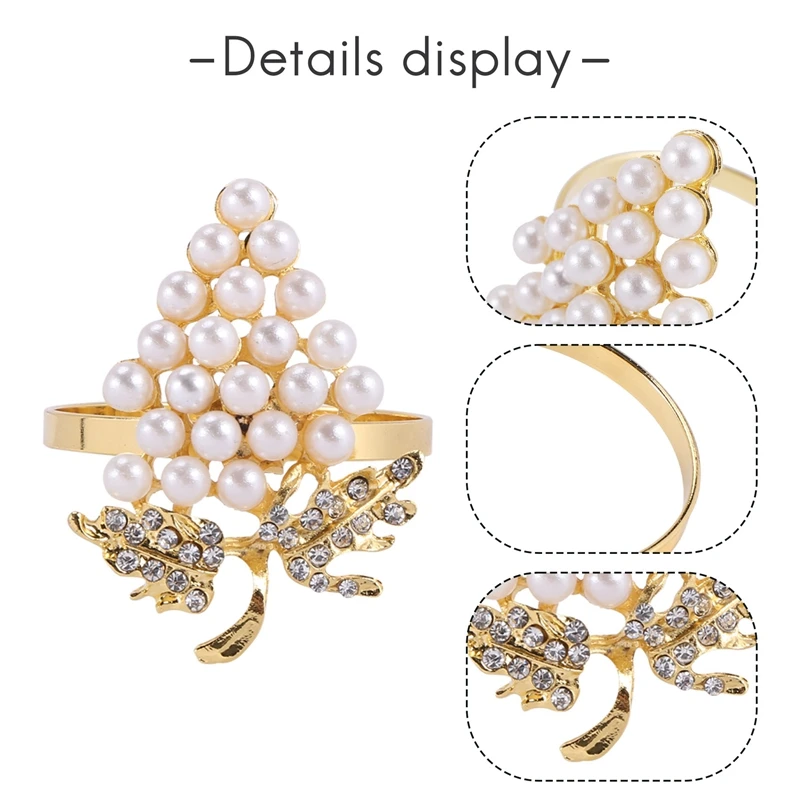 Grapes Napkin Rings Set Of 6, With Glittering Imitation Diamond And Pearls Inlay Alloy Napkin Ring Holder