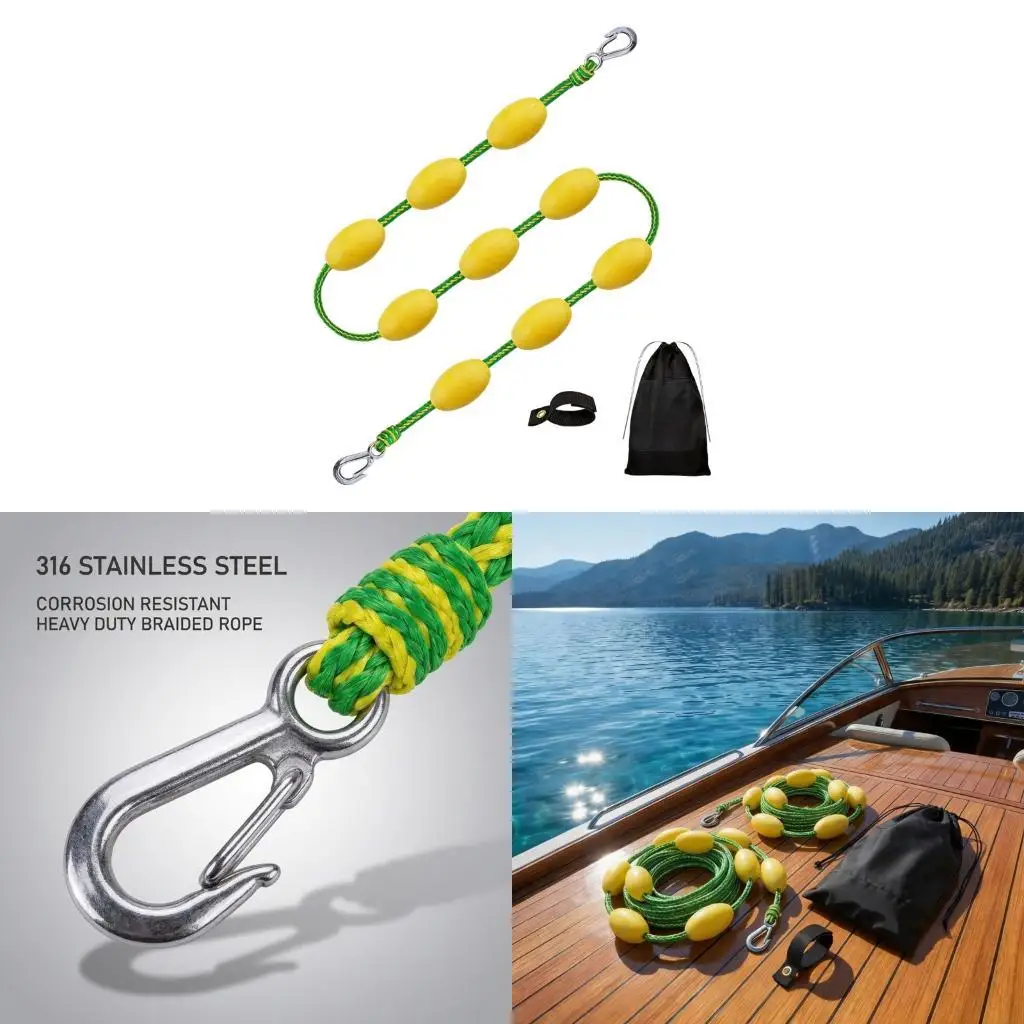 

High Tensile Strength Towing Rope 60FT Long Heavy Duty Boats Tube Rope With 9 Bright Yellow Floating Markers Enduring 69HD