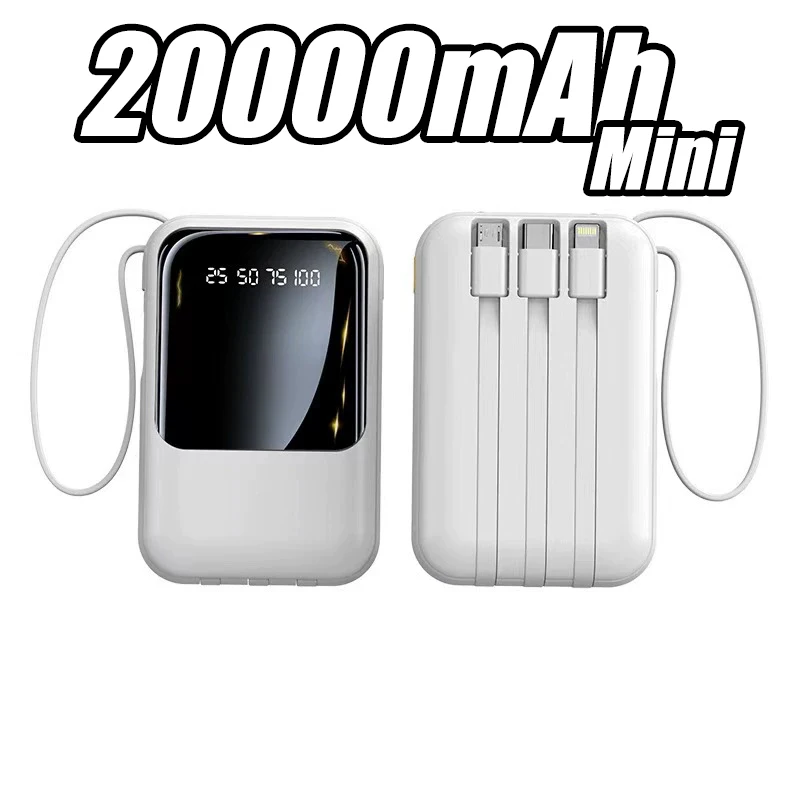 

Мини-Power Bank емкостью 20000 мАч, встроенный 4-проводной кабель с цифровым дисплеем, внешний Power Bank, совместимый с Xiaomi Apple и Samsung