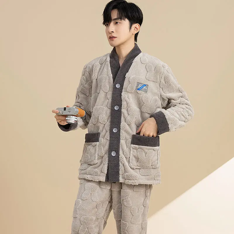 2024 New Fashion Sleepwear Autumn Winter Men's Coral Velvet Pajamas Thickened Fleece Long Sleeve Student Flannel Loungewear Set