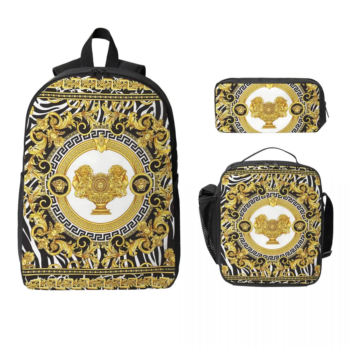 Decorative Golden Medallion Baroque Backpack Student BookBag School Bag Laptop Shoulder Bags 3ps Insulated Lunch Bag Pencil Case