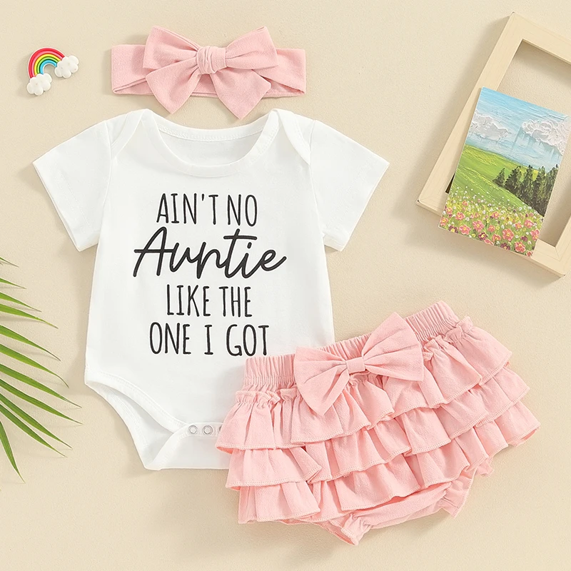 

Newborn Baby Girl Auntie Outfits Letter Short Sleeve Romper T-Shirt Tops Tutu Skirt Shorts Set Summer Clothes