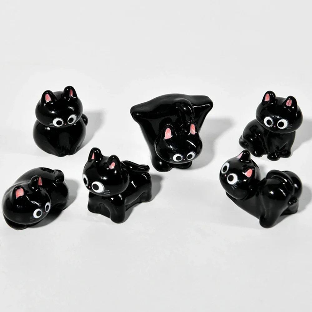 6PCS Cartoon Resin Black Cat Figurine Mini Cartoon Animal Ornaments Desktop Decoration Car Mounted Small Figurines Children Toy