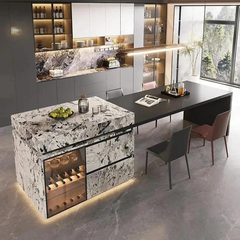 Luxury Retractable Porcelain Island Table W/Luxury Stone - Extendable Custom Workstation For Open-Concept Kitchen&Breakfast