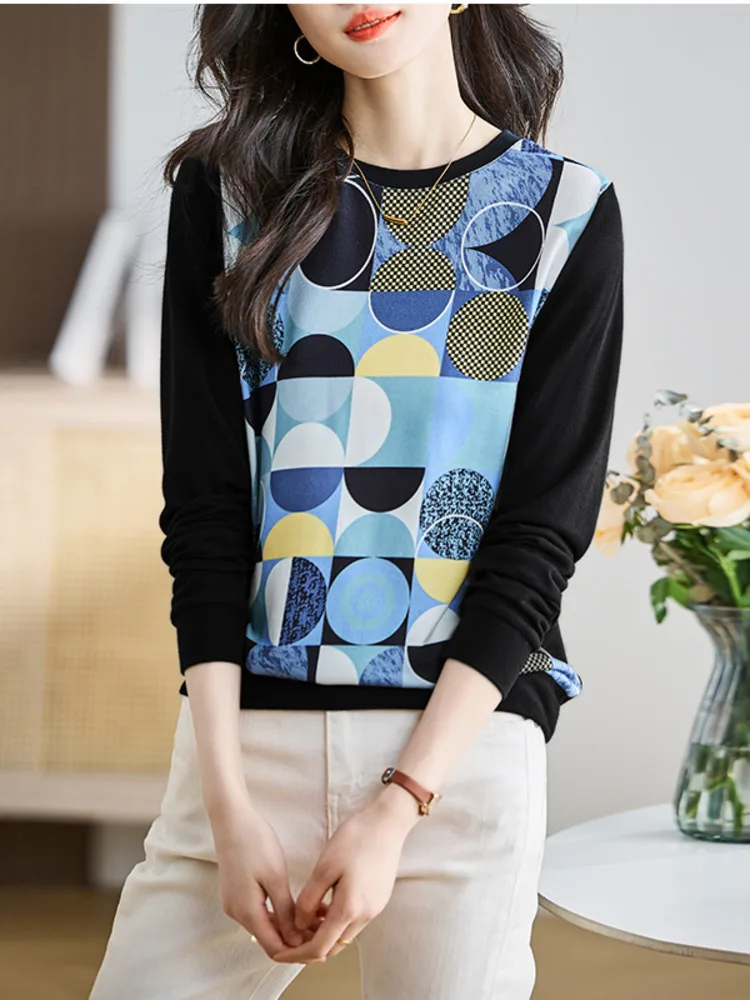 

New Knit Women's Long Sleeve Shirt Women 2025 Spring Autumn High-end Printed Pullover Casual Versatile Top Camisas Mujer Befree
