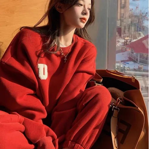 두꺼운 운동복 세트 긴 소매 풀오버 긴 바지 두꺼운 기모 캐주얼 여성용 운동복 세트 운동복 세트 운동복 세트