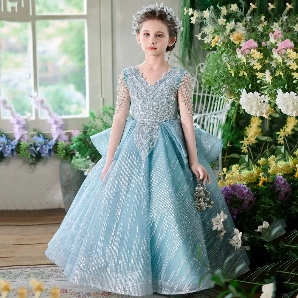

New Blue Princess Special Occasion Flower Girl Dress Wedding Pary Prom Birthday First Communion Baby Child Kid Pageant Gown