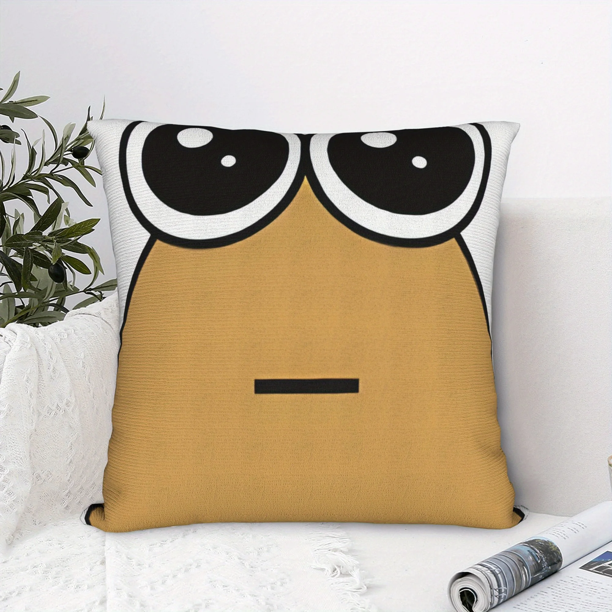 Kawaii Sad-Eye Pillow Cover Tan Blob Character, Giant White Eyes, Minimal Mouth, Soft Polyester, Zipper, Machine Washable