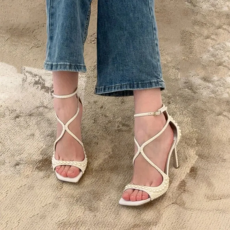 Square Headed Fish Mouth Sexy Pearl Strap Sandals New European  American Summer Women's Pearl Wedding Bride High Heels Shose 45 image 6