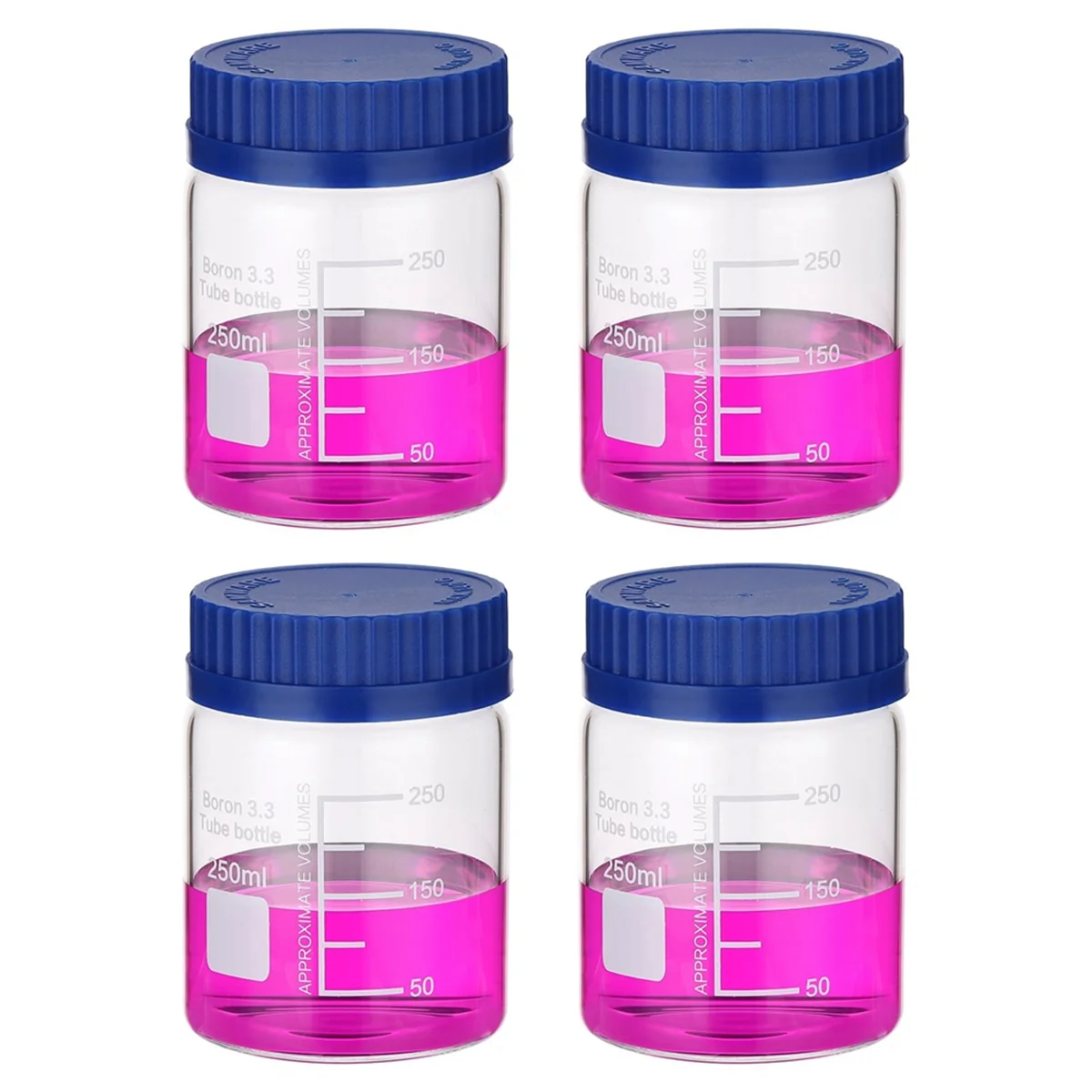 4 Pack Reagent Media Storage Bottles, 250ml Borosilicate Glass Wide Mouth Graduated Round Bottles with GL32 Screw Cap