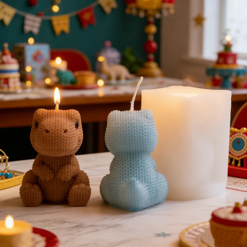 Cute Knitted Dinosaur Silicone Candle Molds 3D Charming Crochet T-Rex Baby Dino Soft Resin Crafts Mold DIY Desktop Decor Gifts