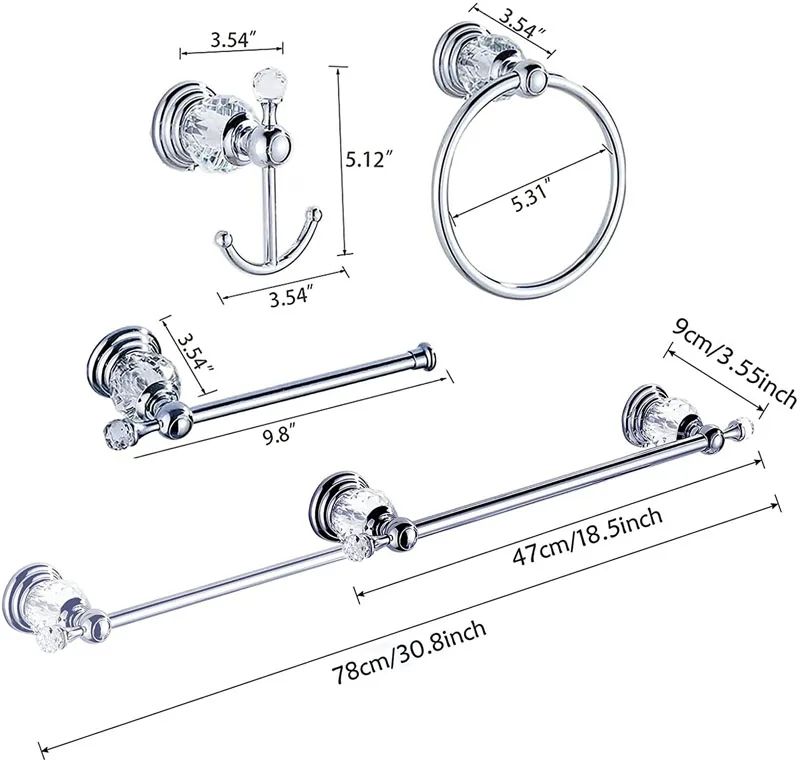 

Chrome Bathroom Hardware Crystal Retractable Towel Bar Wall Mounted Paper Rack Towel Ring Hook