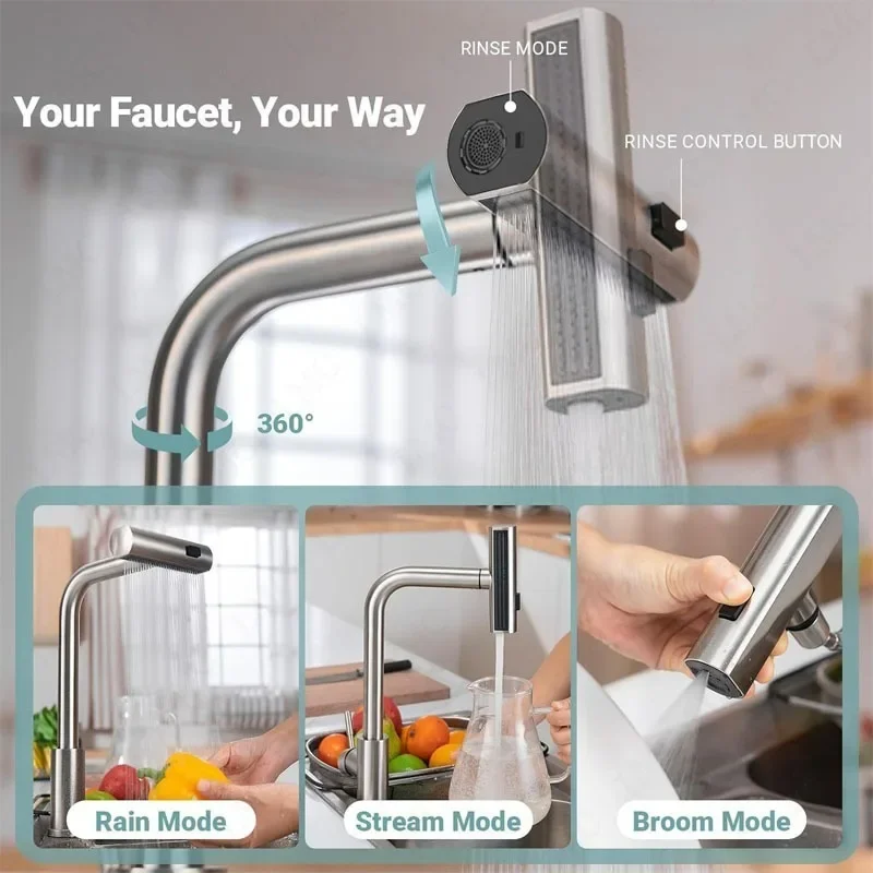 

Commercial Grade Pull-out Kitchen Faucet Hot And Cold Three-in-One Function with Waterfall Spout And Soap Dispenser Baseplate