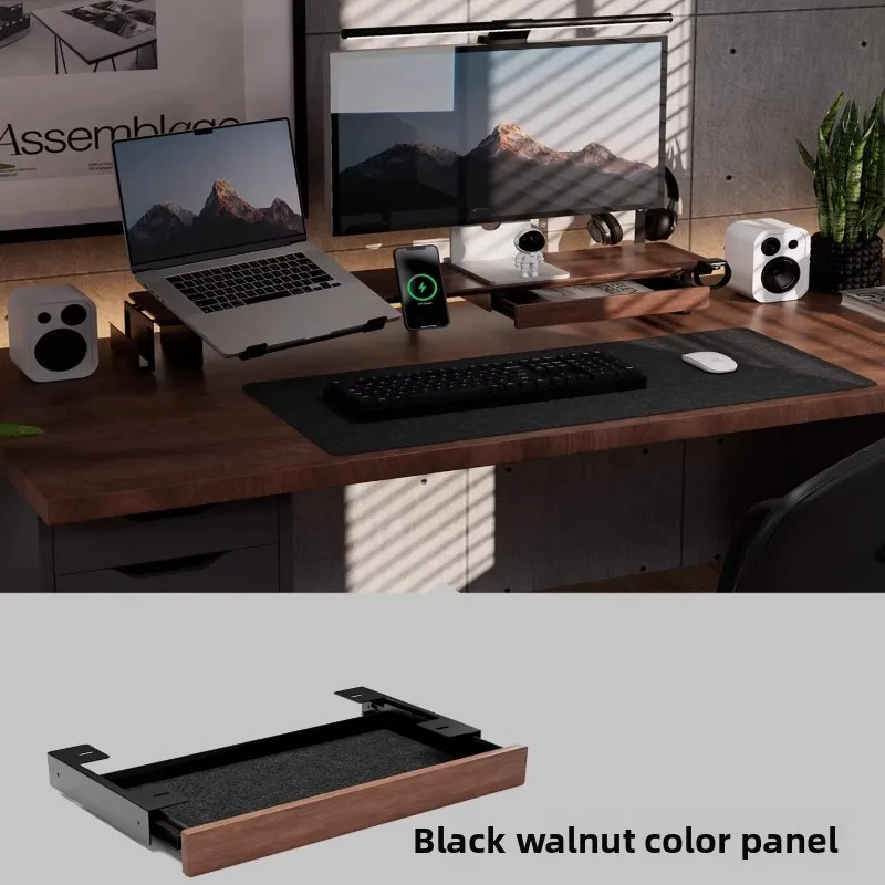Pull-Out Monitor Stand Storage Drawer Solid Wood Under Table Organizer Silent Slide Rail Office Hidden Storage Cabinet