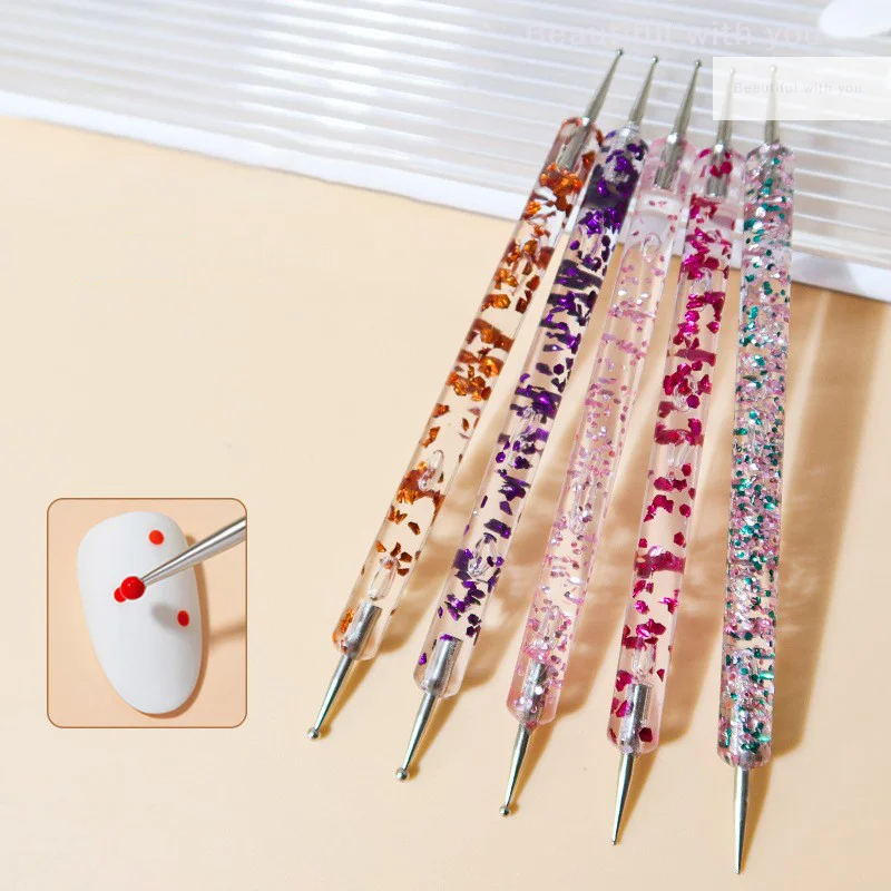ネイルアート用のクリスタル装飾ハンドル付きドットペン5本、描画やラインストーンの適用に両面使用可能