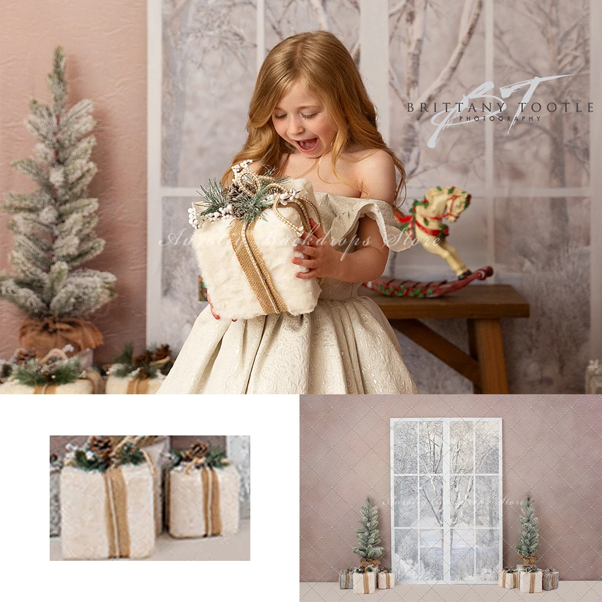 

Rustic Elegant Window Backgrounds Kids Adult Props Child Baby Snowy Scenery Christmas Tree Decors Photo Backdrops