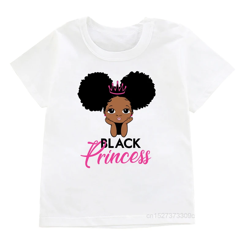 Cute African Girls Graphic Print T-shirts Crown Bowknot Black Princess Design For Girl Tee Tops Kids Comfortable Fitting Clothes