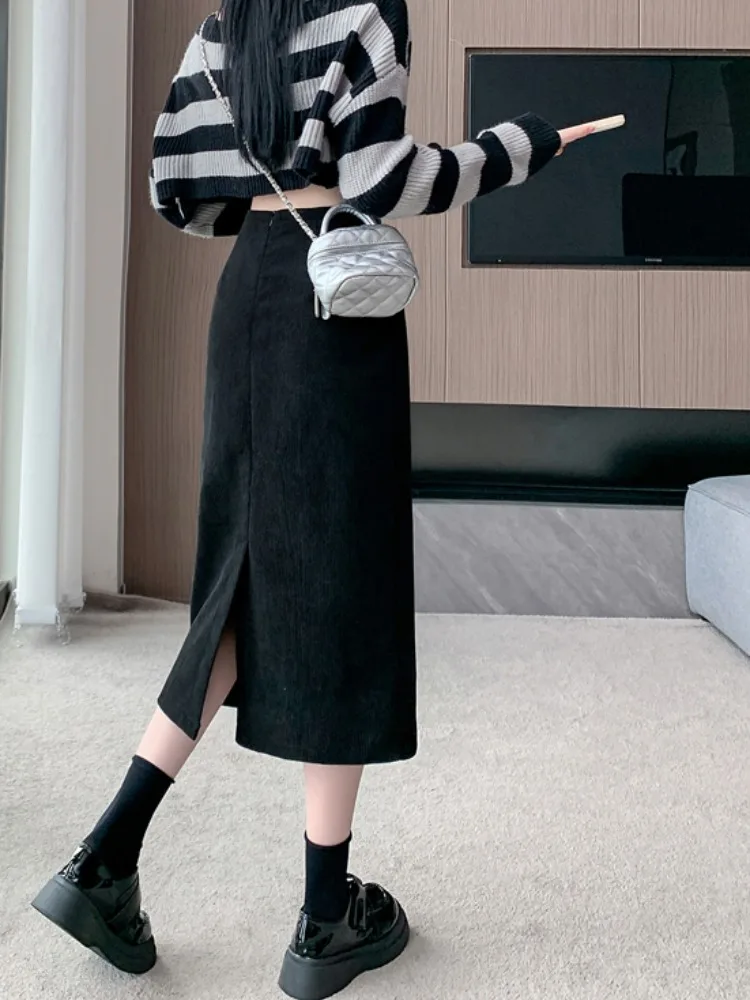 Khakifarbener Cord-A-Linien-Rock mit hoher Taille für Damen, Herbst und Winter, Faion Split One Step Wrap Body, langer Rock aus Polyesterfaser