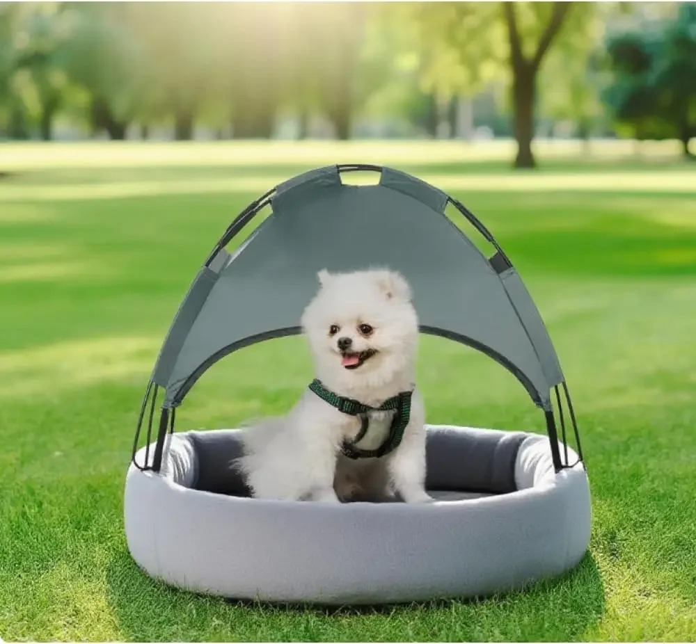Elevated Dog Bed with Canopy Outdoor Pet Cot for Small Dogs Breathable Mesh Cooling Bed with Shade Top