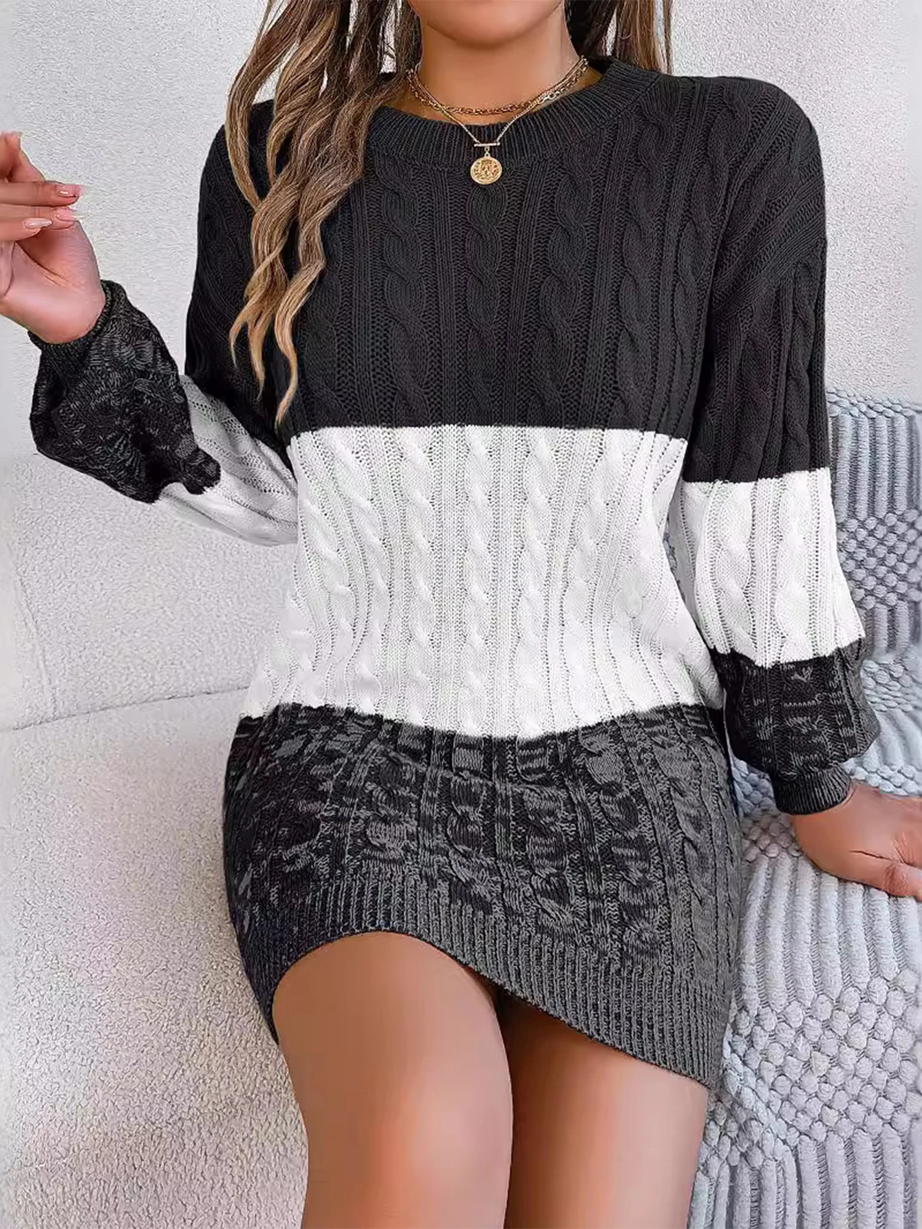 Feminino inverno outono moda casual manga longa tripulação pescoço retalhos vestido de mudança diária