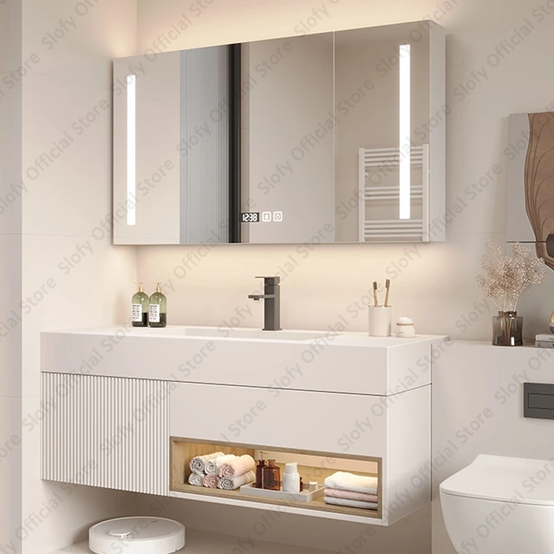 Modern Multifunctional Bathroom Vanity Mirror Cabinet Integrated Floating Cabinet With Artistic Ceramic Sink Bathroom Furniture