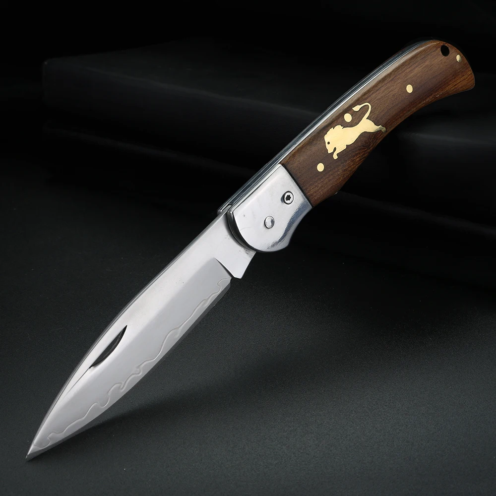 

Wooden handle lion three in one steel folding knife, sandalwood fruit knife, outdoor camping hunting knife