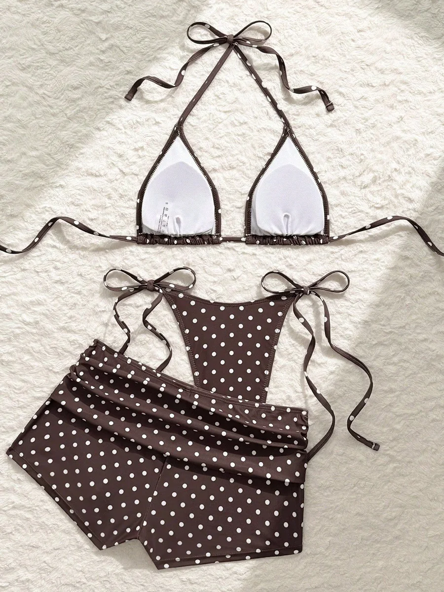 With Shorts Polka Dot Halter Mini Micro Thong Bikini Female Swimsuit Women Swimwear Three-pieces Bikini Set Bathing Suit Swim