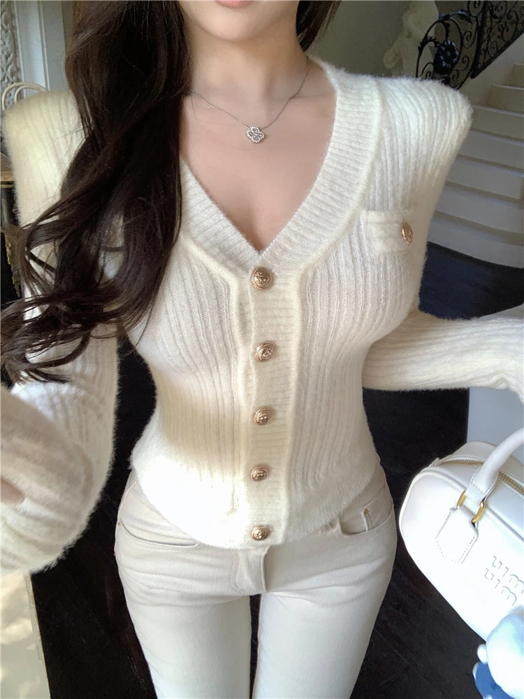 KUSAHIKI Elegant Long Sleeve V-neck Slim Knitted Cardigan 2024 Spring New Sweater Coat Korean Spicy Girl Y2k Knitwear Tops