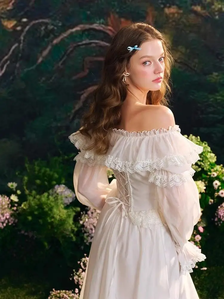 Vestido Vintage Francês Lolita Corte Com Bordado Renda, Cintura Fina, Saia Grande, Elegante Vestido Princesa Manga Bufante Amarração Feminino