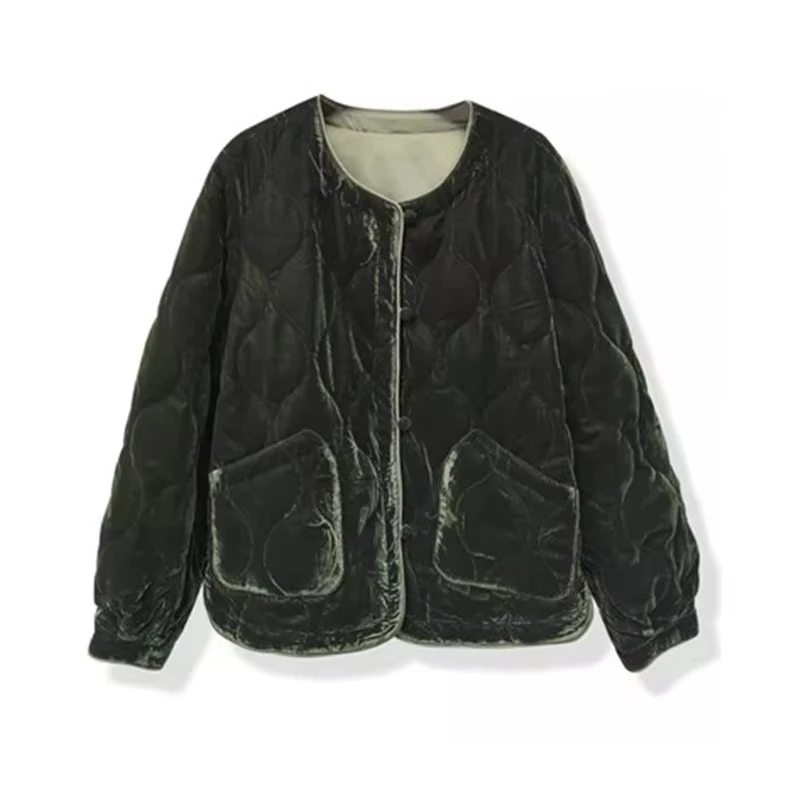 Chaqueta de algodón Retro con cuello redondo para mujer, abrigo informal de terciopelo verde con bolsillo, ropa holgada y cálida de manga larga para invierno, versátil