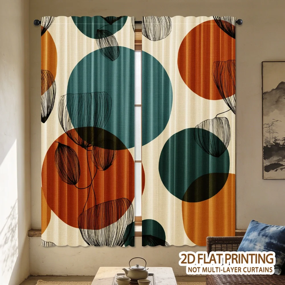 dark green orange geometric line-drawn plant curtains, with pole-style design, suitable for living rooms, bedrooms study rooms