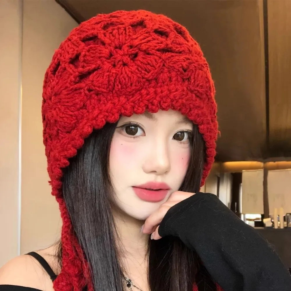 New Flower Knitted Crochet Hat Hollowed Out Ear Protector Ear Flap Beanie with Tassels Braided Turban Hat Women