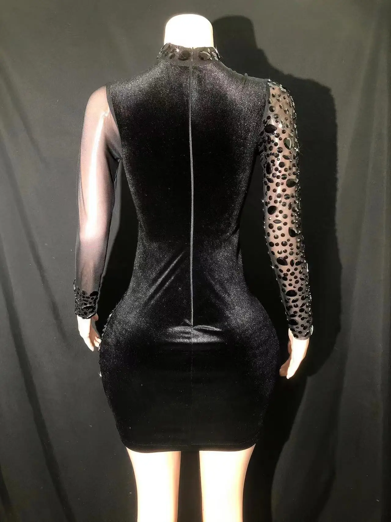 Vestido de encaje de malla personalizado transparente, lentejuelas de alta elasticidad, diamantes de imitación, sexy, ajustado, vestido de fiesta de cumpleaños, Longuette de rendimiento