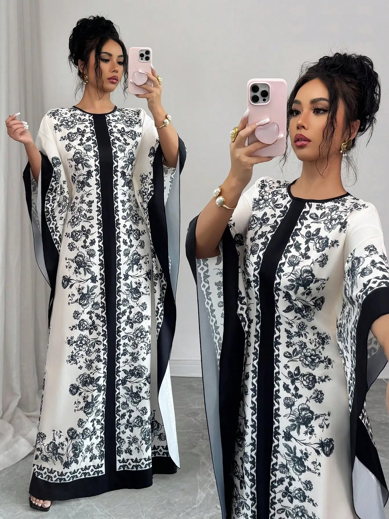 

Vintage-Inspired Floral Print Maxi Dress With Mandarin Collar, Open Sleeves, And Flowy Silhouette For Elegant Occasions