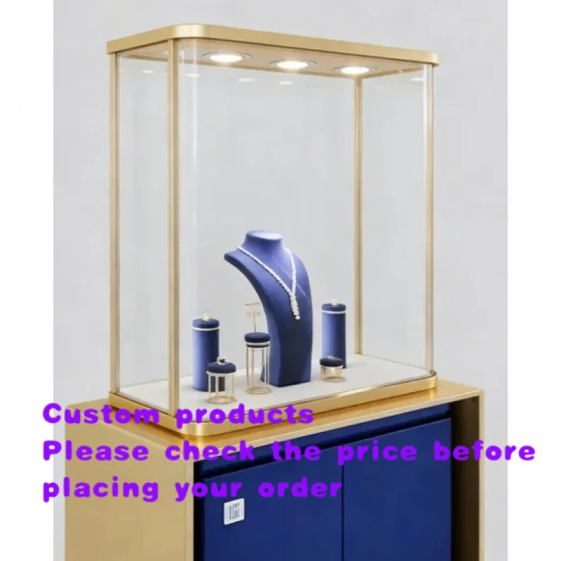custom.Luxury Blue Jewelry Showcase Custom Stainless Steel Glass Pedestal Cabinet LED Light Necklace Ring Retail Mall