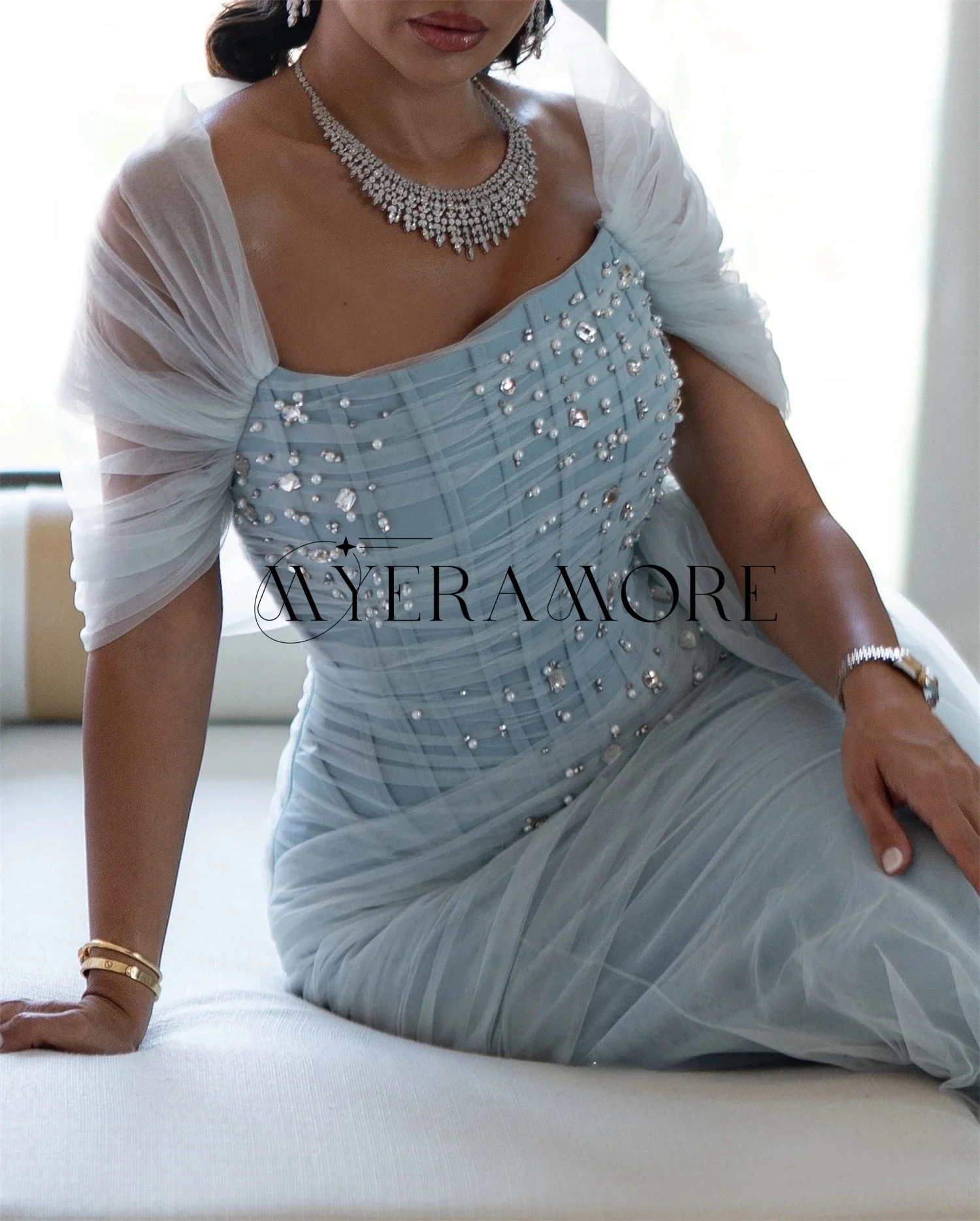 فساتين سهرة فاخرة مكشوفة الكتف من التول مطرز بحورية البحر فساتين رسمية للحفلات الراقصة مخصصة رداء السهرة