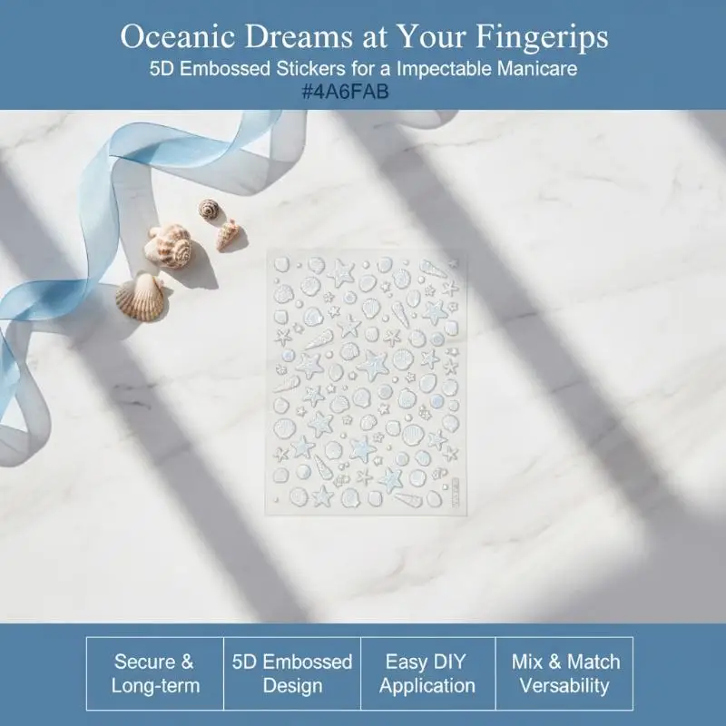 5D Embossed Nail Art Stickers Marine Seashell Starfish Design Scratch Resistant DIY Nail Decor for Girls Daily Use