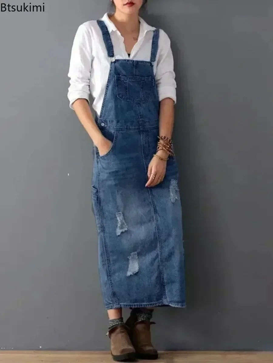 2025 Women' Denim Dresses Suspender Sleeveless Strap Straight Long Skirts Summer Loose Jumpsuit Overalls Jeans Dresses Vestidos