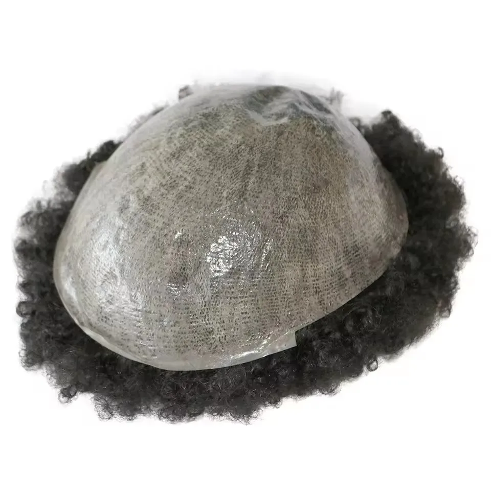Herren Afro 4mm Kinky Curly Echthaar Langlebiges Hautbasis-Toupet für Haarausfall 6MM Afro 0,1mm Starkes PU 1B65 1B50 Schwarze Haarpatches – Detail 3
