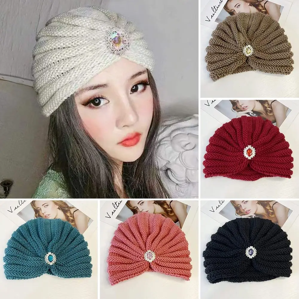 

Fashion Winter Warm Hijab Caps Soft Cashmere Bohemia Turban Thick Diamond Jewelry Turban Cap for Women