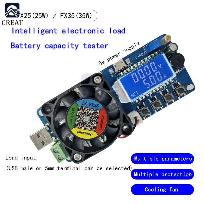 25W 35W 4A/5A Electronic Load Current Voltage Power Tester USB Protection LCD HD Display Adjustable Resistance Unloader