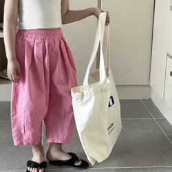 Girl's Summer Japanese Casual Loose Ankle-Length Pants New Children Elastic Waist Solid Color Wide Leg Pants