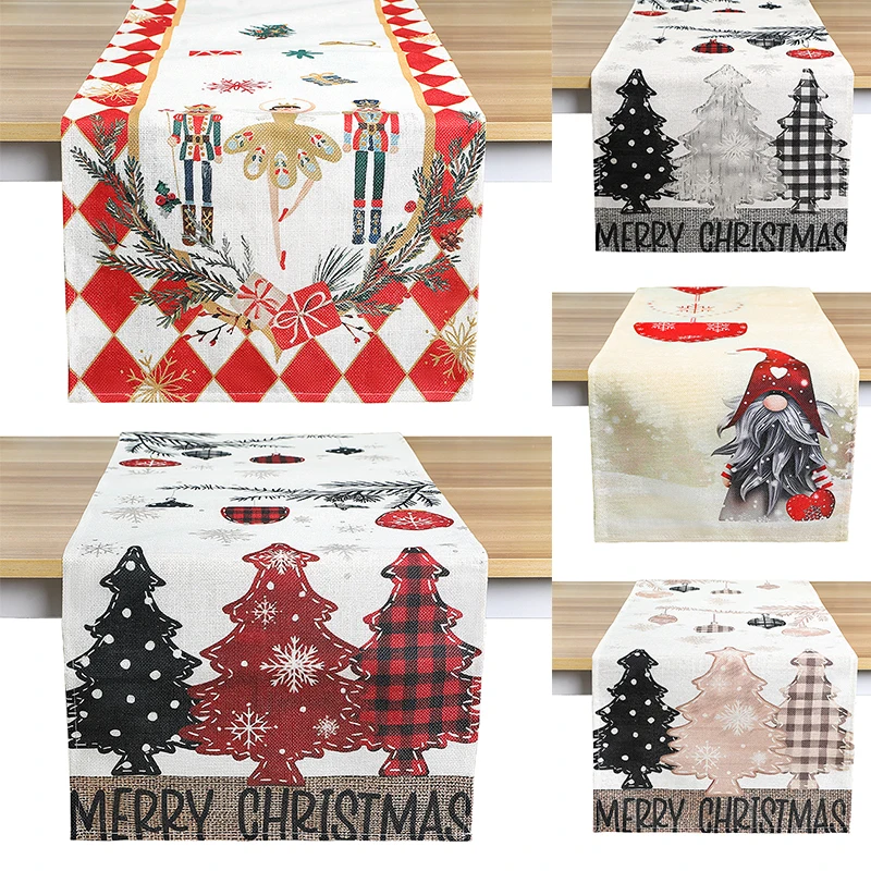 

33cm*180cm Merry Christmas Linen Table Runners Snowflakes Gnome Pine Trees Kitchen Dining Tablecloth Xmas Decorations New Year